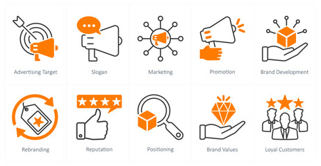 A set of 10 Branding icons as advertising target, slogan, marketing
