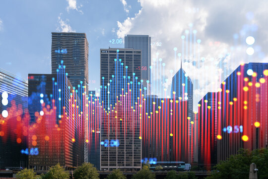 Chicago skyline overlaid with colorful holographic stock market data, on a cloudy sky background. Double exposure - Powered by Adobe