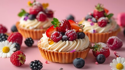 Set of different tartlets or cake with cream cheese honey and summer berry on pink background