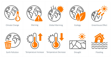 A set of 10 Climate Change icons as climate change, warning, global warming