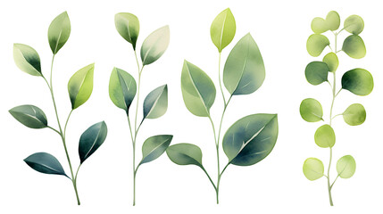 green leaves branches collection, set of watercolor twigs