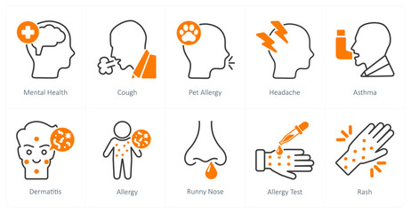 A set of 10 Medical icons as mental health, cough, pet allergy