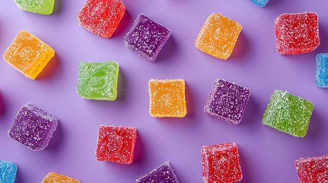 Slab Jelly Gummy Square Candy Colorful Desserts with Crystallized Sugar on purple background