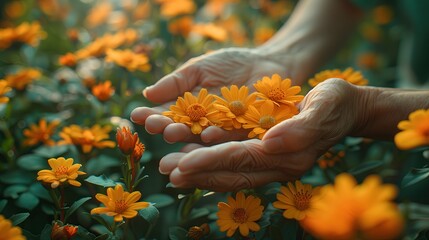 Senior woman picking wild flowers. Senior woman enjoying a warm day in a nursing home. Park.