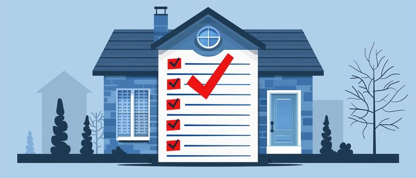 Checklist with red checkmark, model house illustration, organized home tasks, high-resolution