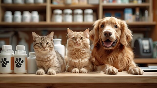 Dog and cat models sit on a wooden counter with pet products. Vitamins or supplements for pets