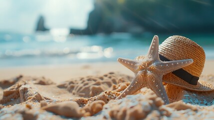 Starfish and accessories on the beach with copy space concept summer season on tropical beach