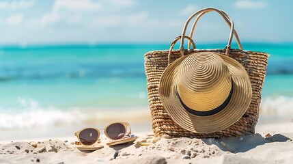 Straw bag straw hat sunblock sandals and sun glasses on beach