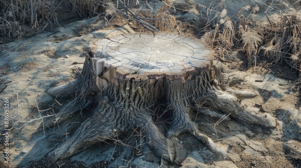 Poster image of a felled tree trunk with rough bark and exposed roots, suitable for use in environmental, c