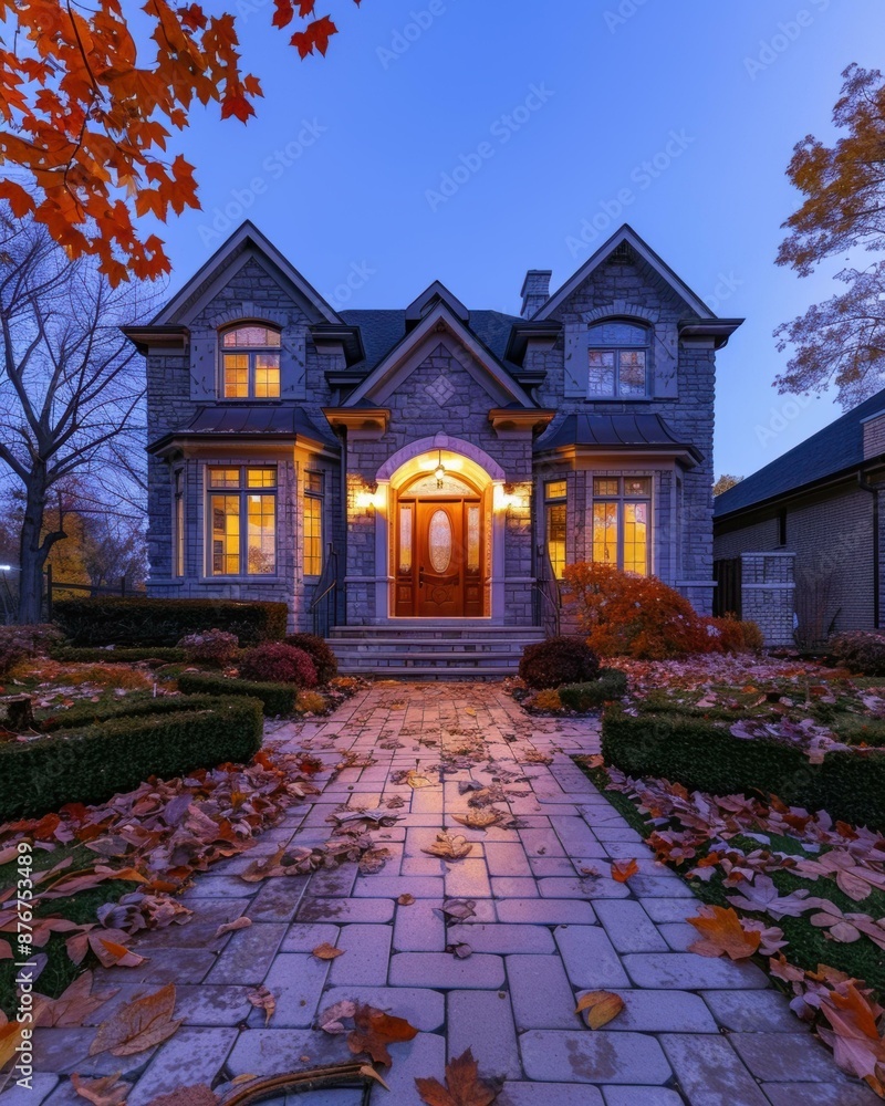 Poster A beautiful house with a red door. AI.