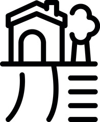 Line art icon of a house and tree standing precariously close to the edge of a crumbling cliff, symbolizing landslide danger