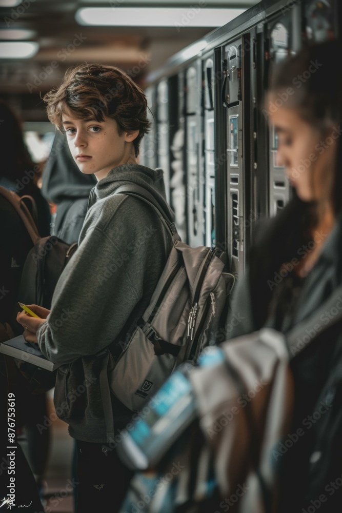 Sticker A teenage boy stands in front of a locker. AI.