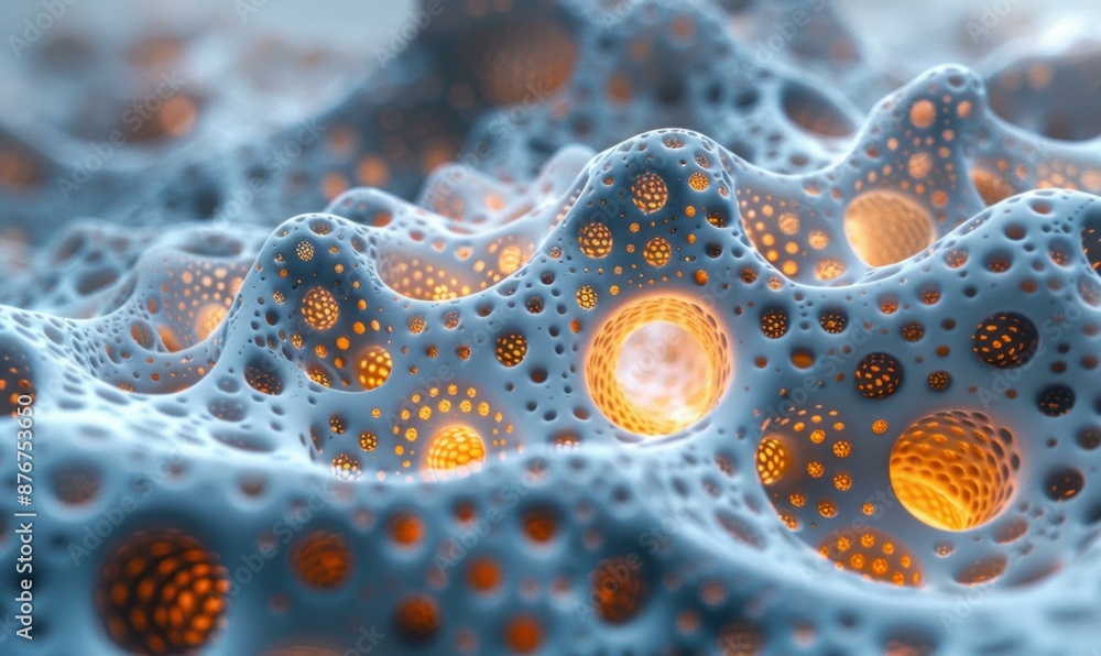 Poster close-up of a 3d rendering of a coral-like structure with glowing orange orbs inside. ai.