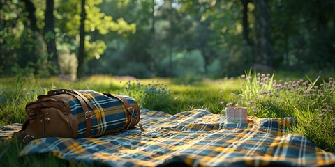 Fototapeta premium A picnic blanket forming a map, symbolizing the exploration and adventure of outdoor dining experiences on a cheerful green backdrop