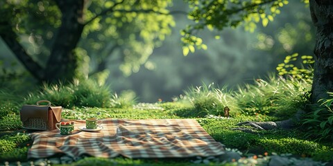 Obraz premium A picnic blanket forming a map, symbolizing the exploration and adventure of outdoor dining experiences on a cheerful green backdrop