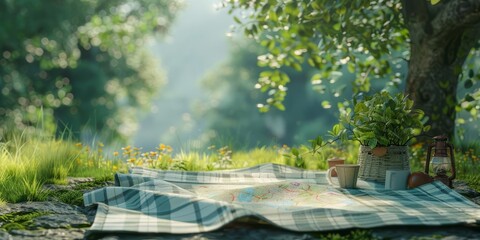 Fototapeta premium A picnic blanket forming a map, symbolizing the exploration and adventure of outdoor dining experiences on a cheerful green backdrop