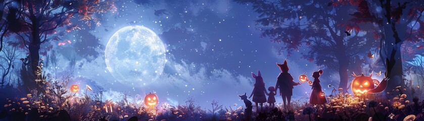 Fototapeta premium A family of woodland creatures foxes, bunnies, owls trickortreating in a moonlit forest
