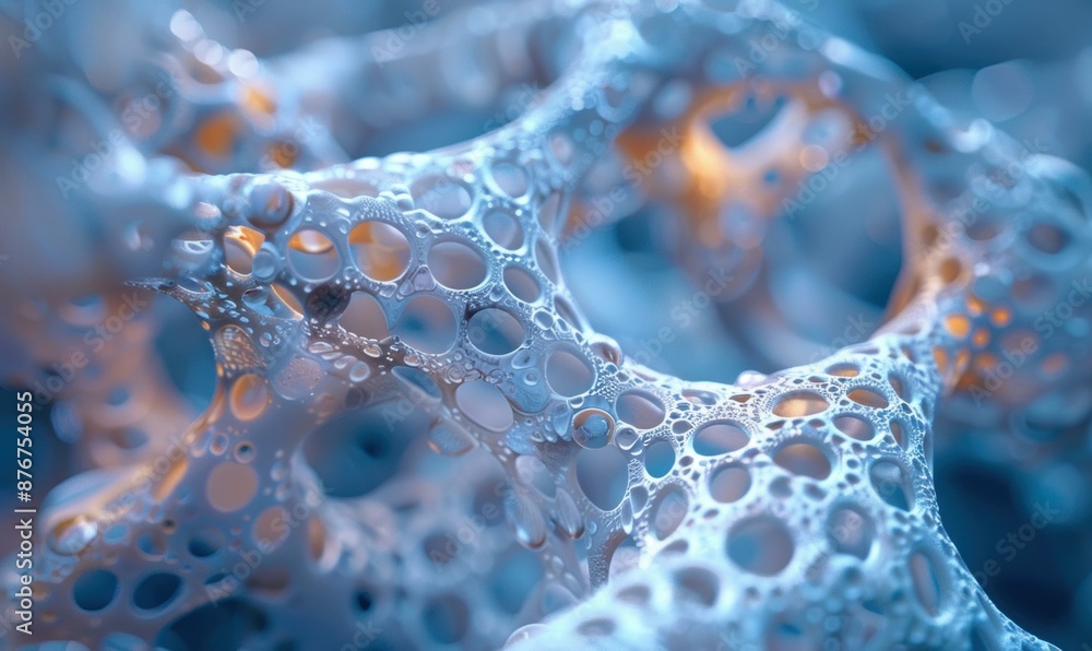 Poster close-up of a 3d rendering of a white porous structure with a blue background. ai.