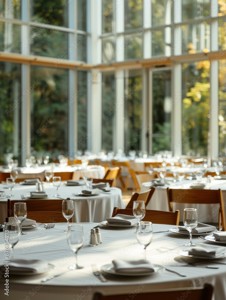 Poster an empty banquet hall with set tables and chairs. ai.