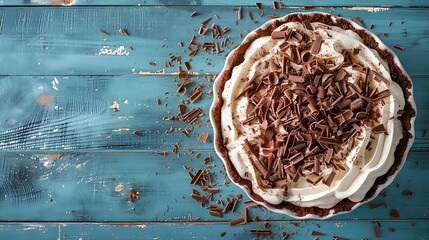 Sweet Homemade French Silk Pie with Chocolate Shavings on blue background