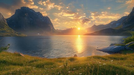 A beautiful sunset over a lake with mountains in the background