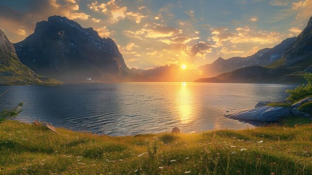 A beautiful sunset over a lake with mountains in the background