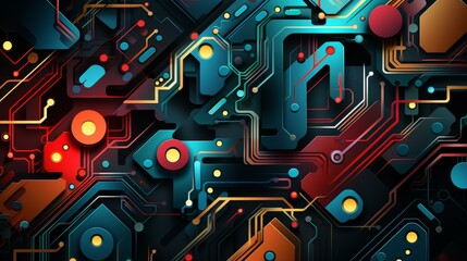 Obraz premium Modern flat illustration of a stylized circuit board pattern with bold hues and intricate design.