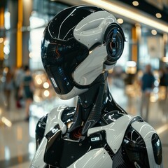 A close-up of a futuristic robot's head. AI.