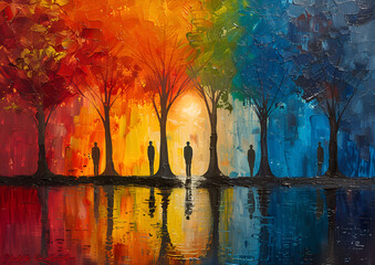 Fototapeta premium Painting of a row of trees with colorful leaves 