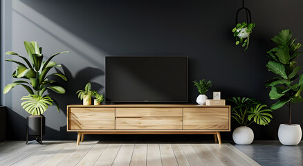 modern minimalist TV cabinet with rattan weaving craft and a solid wood colored background wall