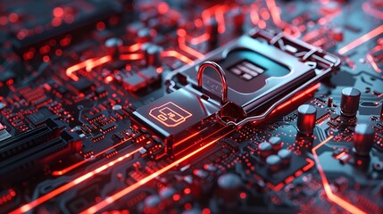 A detailed close up of a computer motherboard. This image can be used to illustrate technology, computer hardware, or electronics-related concepts