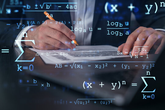 Woman typing on laptop at office workplace in background. Concept of working process, internet surfing, online business education. Student send e-mail. Close up view. Hands Shot.