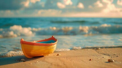 Toy beach boat at the sand in front of the ocean