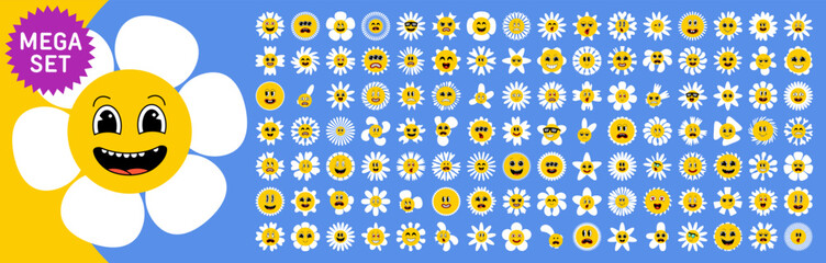 Mega set of cartoon Daisy flowers set with funny smiling faces. Cute comic chamomile characters in cartoon retro style. Happy sunny chamomiles. Bloom chamomile emoji.