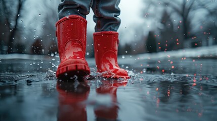 Child jumping in puddle with red boots on a rainy day