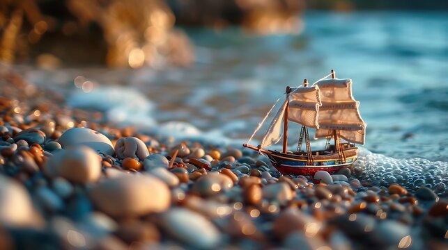 Toy ship on sea peble