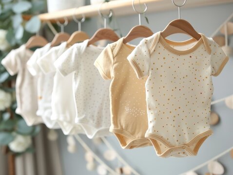 Collection of baby bodysuits hanging on wooden rack