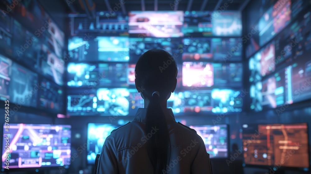 Poster professional security analyst monitors multiple screens displaying data and security metrics in a hi