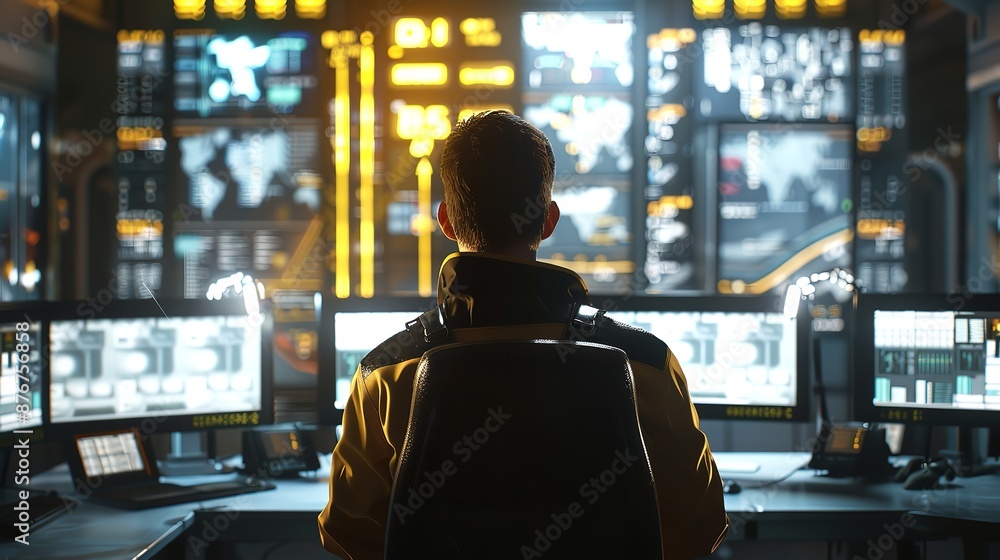 Poster professional security analyst monitors multiple screens displaying data and security metrics in a hi