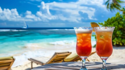 Two glasses with cocktails on table near beach bench or deck chair with blue ocean and white sand on background