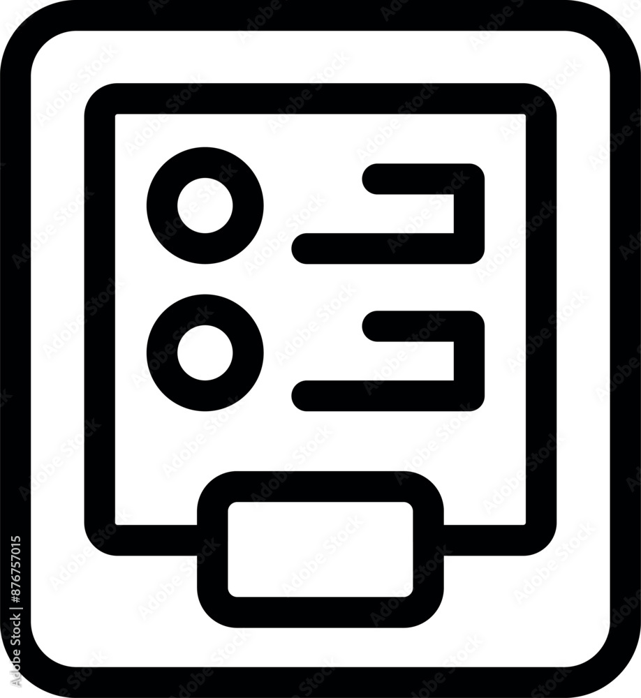 Poster simple, bold line icon of a digital checklist displayed on a tablet, with two tasks marked as comple