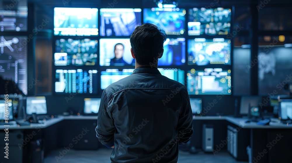 Poster professional security analyst monitors multiple screens displaying data and security metrics in a hi