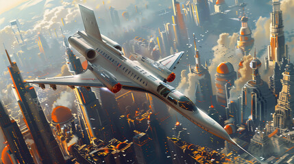 A sleek, futuristic airplane flying over a bustling, futuristic city with towering skyscrapers