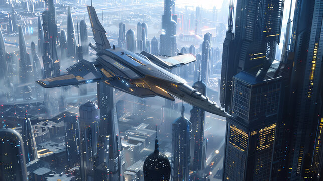 A sleek, futuristic airplane flying over a bustling, futuristic city with towering skyscrapers