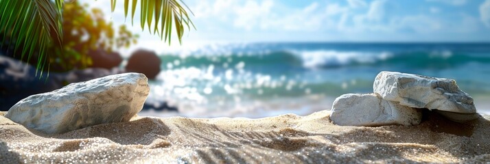 Summer sand and tropical sea background with abstract stone podium