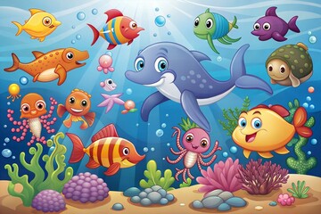 cartoon sea life scene with many animals illustration
