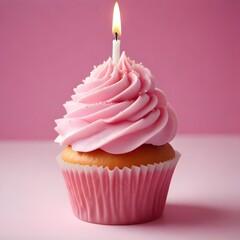 Celebratory Cupcake Pink Frosted Delight with Single Candle 