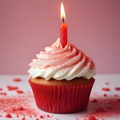 Celebratory Cupcake Red Frosted Delight with Single Candle 