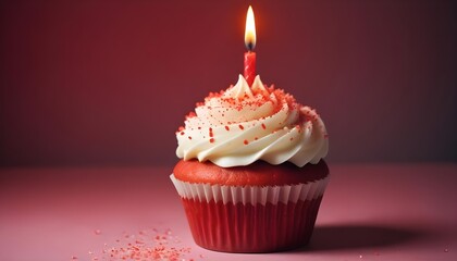 Celebratory Cupcake Red Frosted Delight with Single Candle 