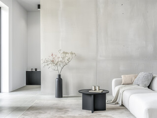 Interiors designer composition in a luxury minimalist property with minimal furniture, copy space and neutral colors.